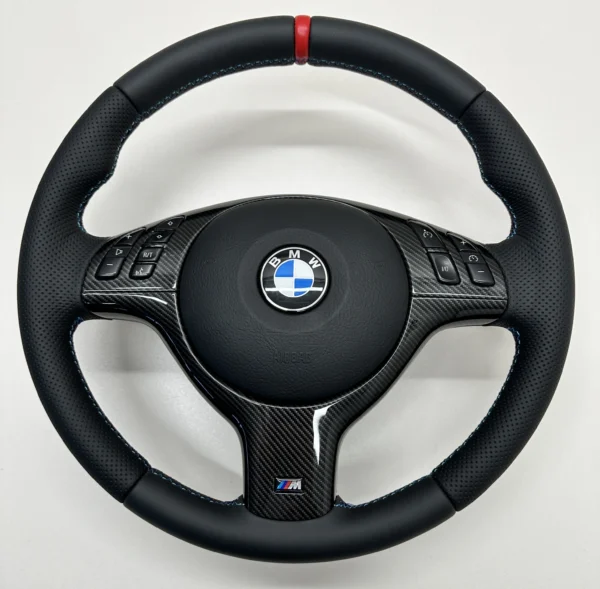 bmw e46 e39 e53 m sport steering wheel perforated leather carbon trim red stripe middle view