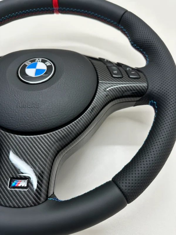 bmw e46 e39 e53 m sport steering wheel perforated leather carbon trim red stripe bottom right view