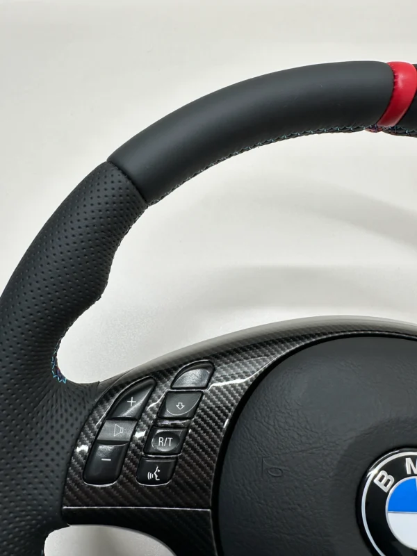 bmw e46 e39 e53 m sport steering wheel perforated leather carbon trim red stripe top left view