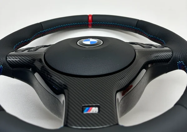 bmw e46 e39 e53 m sport steering wheel perforated leather carbon trim red stripe airbag close up