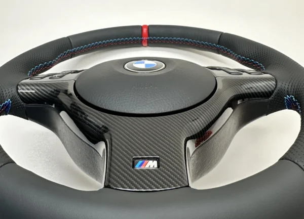 bmw e46 e39 e53 m sport steering wheel perforated leather carbon trim red stripe plastic trim zoomed in