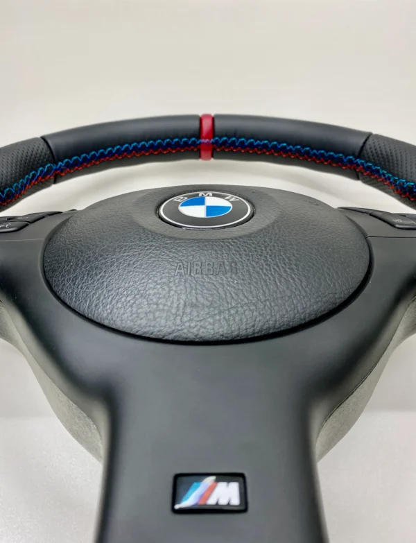 bmw e46 e39 e53 m sport steering wheel red stripe perforated leather airbag close up