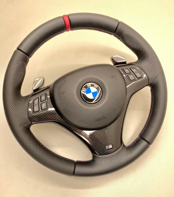 bmw e88 e90 e92 m sport steering with pre lci shifters wheel carbon trim red stripe m stitching