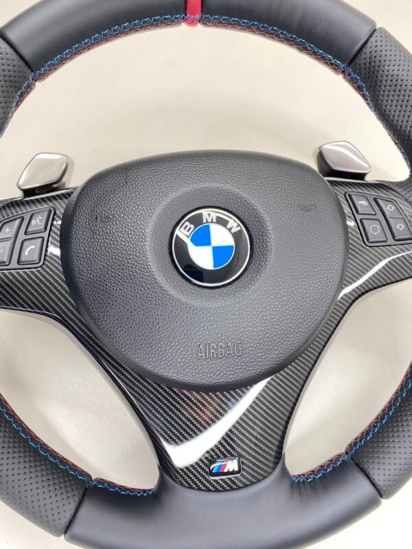 bmw e88 e90 e92 m sport steering wheel with pre lci shifters carbon trim red stripe m stitching airbag