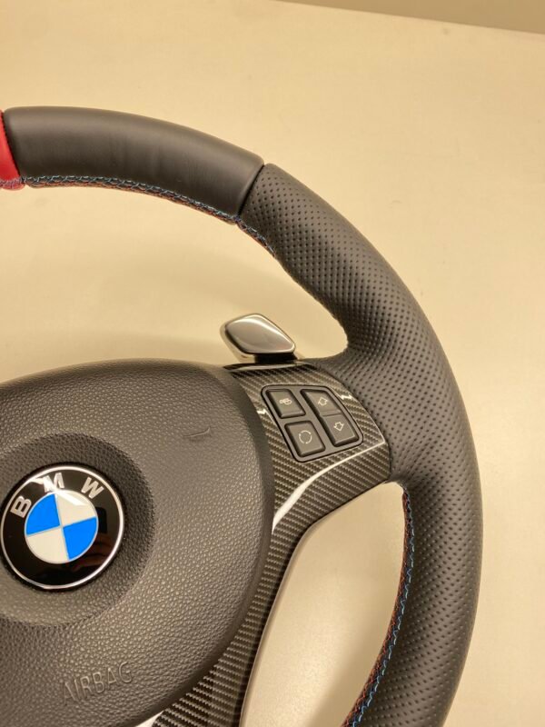 bmw e88 e90 e92 m sport steering wheel with pre lci paddles carbon trim red stripe m stitching top right view