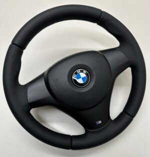buttonless bmw e90 e92 e87 e82 m sport steering wheel perforated and smotth leather with airbag black stitching