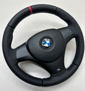 buttonless BMW M Sport steering wheel for E90 E92 E87 E82 with m stitching and red stripe at top