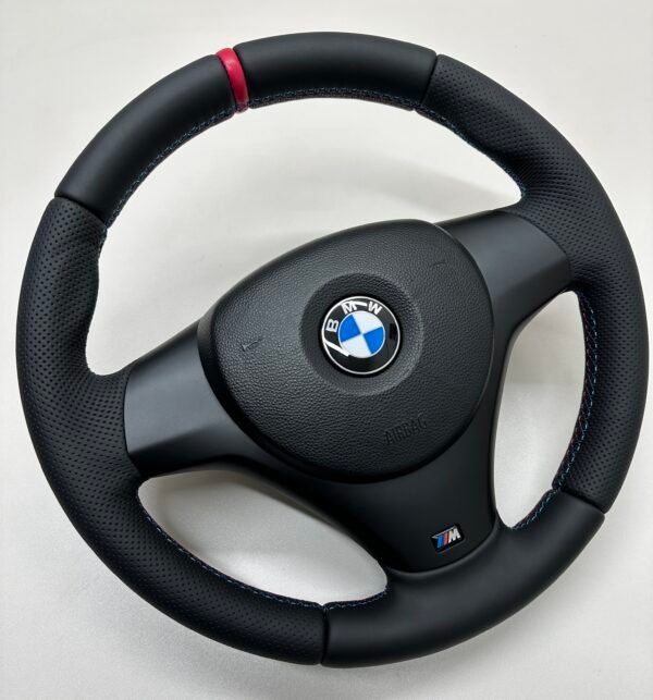 buttonless BMW M Sport steering wheel for E90 E92 E87 E82 with m stitching and red stripe at top