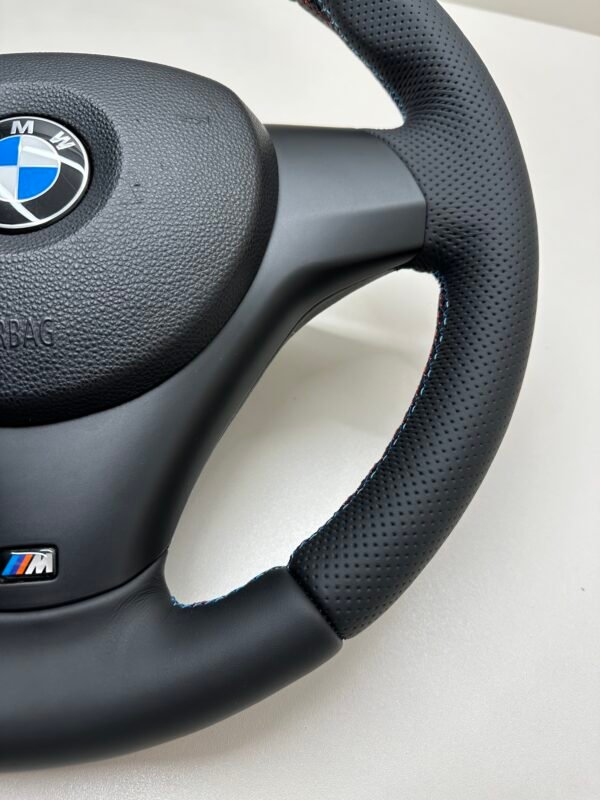 bottom right buttonless BMW M Sport steering wheel for E90 E92 E87 E82 with m stitching and red stripe at top