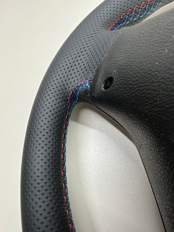 Back side view of stitching buttonless BMW M Sport steering wheel for E90 E92 E87 E82 with red stripe