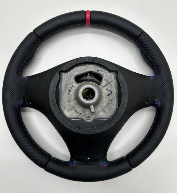 full back side view of buttonless BMW M Sport steering wheel for E90 E92 E87 E82 with m stitching and red stripe at top