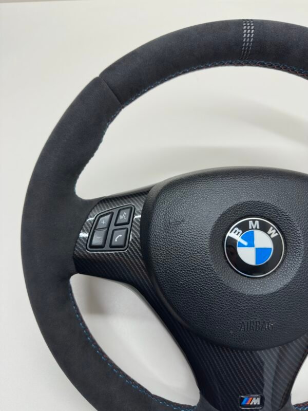 bmw e90 e92 m3 alcantara cs edition steering wheel with carbon trim buttons and airbag top left view