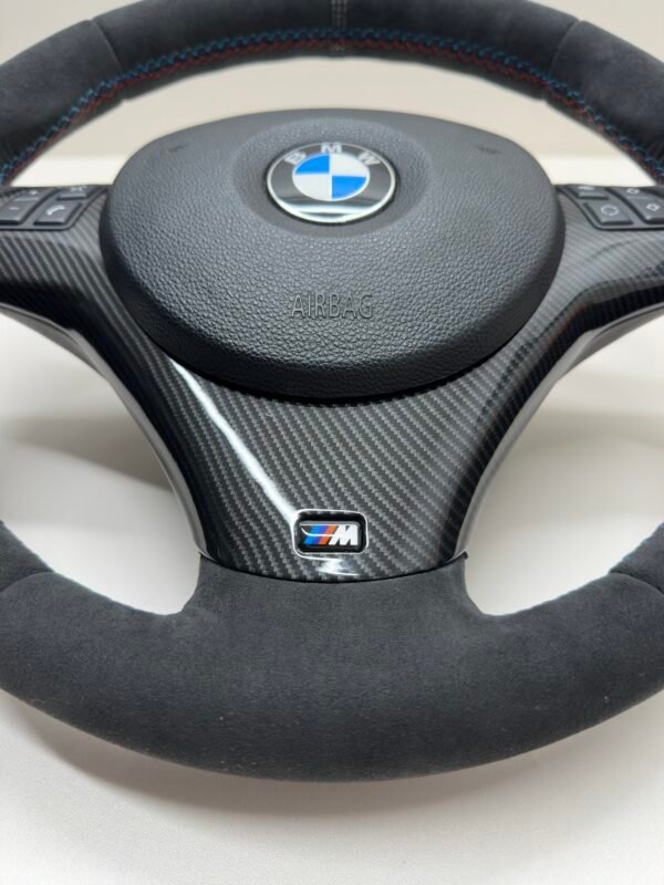 bmw e90 e92 m3 alcantara cs edition steering wheel with carbon trim buttons and airbag bottom center view