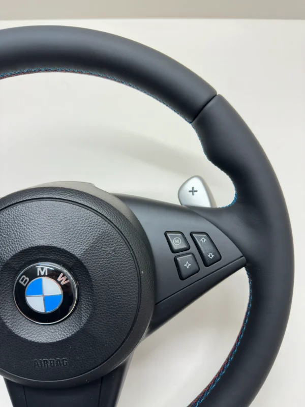 bmw m5 60 m6 e63 smg m sport steering wheel with paddle shifters m stitching top right view