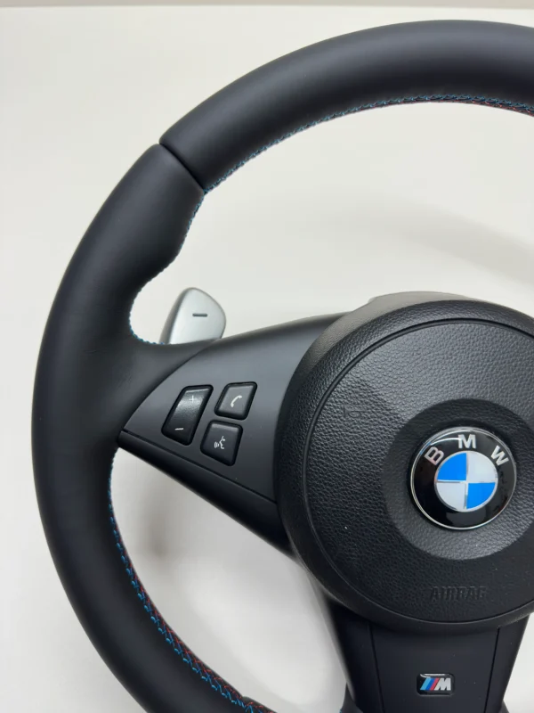 bmw m5 60 m6 e63 smg m sport steering wheel with paddle shifters m stitching top left view