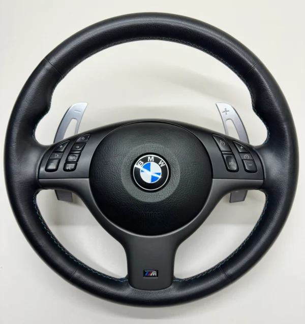 oem-bmw-e46-m3-smg-steering-wheel-02 oem bmw e46 m3 smg steering wheel m stitch middle view
