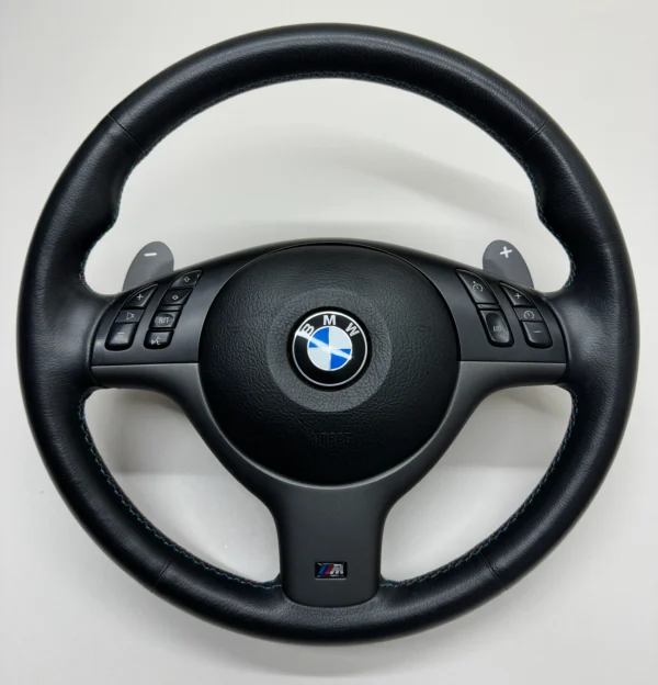oem bmw e46 m3 smg steering wheel m stitch paddles middle view