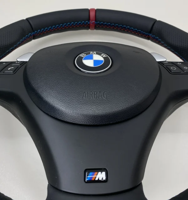 bmw e82 e92 e93 m sport steering wheel with prelci paddles red stripe bottom trim closeup